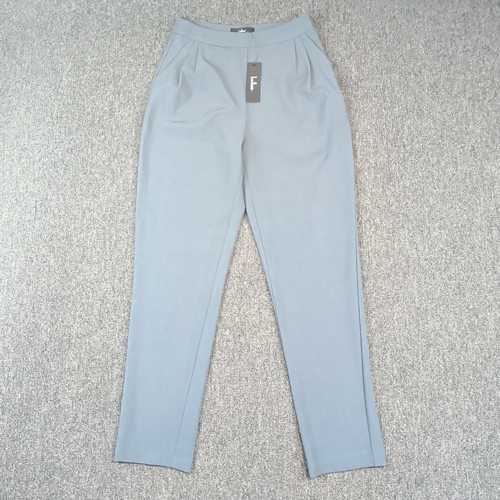 Lulus Minimalist High Waisted Pleated Tapered Dress Pants Women Small Blue Grey